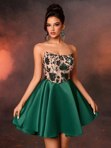 Elegant And Gorgeous Luxury Olive Green And Skin Tone Stretch Floral Sequin Patchwork Satin Bubble Skirt With Large Hem Suitable For Wedding, Bachelorette Party, Vacation, Prom Dress (Heavy Version)