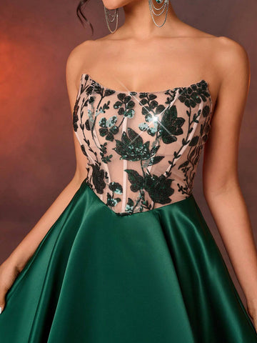 Elegant And Gorgeous Luxury Olive Green And Skin Tone Stretch Floral Sequin Patchwork Satin Bubble Skirt With Large Hem Suitable For Wedding, Bachelorette Party, Vacation, Prom Dress (Heavy Version)