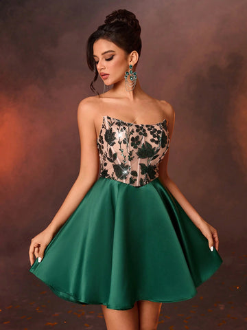 Elegant And Gorgeous Luxury Olive Green And Skin Tone Stretch Floral Sequin Patchwork Satin Bubble Skirt With Large Hem Suitable For Wedding, Bachelorette Party, Vacation, Prom Dress (Heavy Version)