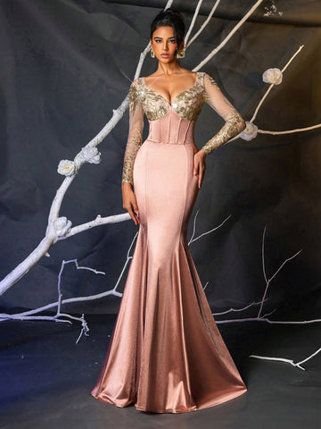 Elegant And Gorgeous Luxury Pink And Champagne Gold V-Neck Transparent Long-Sleeved Embroidered Sequin Lace Stitching Stretch Satin Tight Fishtail Skirt Suitable For Wedding Events Bachelor Party Holiday Prom Dinner Evening Dress (Heavy Work)