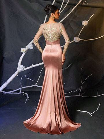 Elegant And Gorgeous Luxury Pink And Champagne Gold V-Neck Transparent Long-Sleeved Embroidered Sequin Lace Stitching Stretch Satin Tight Fishtail Skirt Suitable For Wedding Events Bachelor Party Holiday Prom Dinner Evening Dress (Heavy Work)