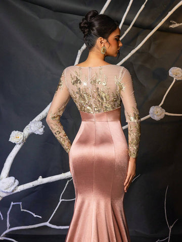 Elegant And Gorgeous Luxury Pink And Champagne Gold V-Neck Transparent Long-Sleeved Embroidered Sequin Lace Stitching Stretch Satin Tight Fishtail Skirt Suitable For Wedding Events Bachelor Party Holiday Prom Dinner Evening Dress (Heavy Work)