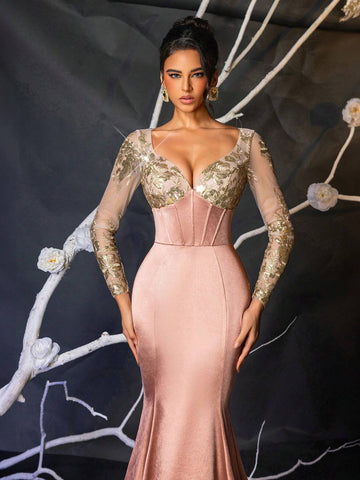 Elegant And Gorgeous Luxury Pink And Champagne Gold V-Neck Transparent Long-Sleeved Embroidered Sequin Lace Stitching Stretch Satin Tight Fishtail Skirt Suitable For Wedding Events Bachelor Party Holiday Prom Dinner Evening Dress (Heavy Work)