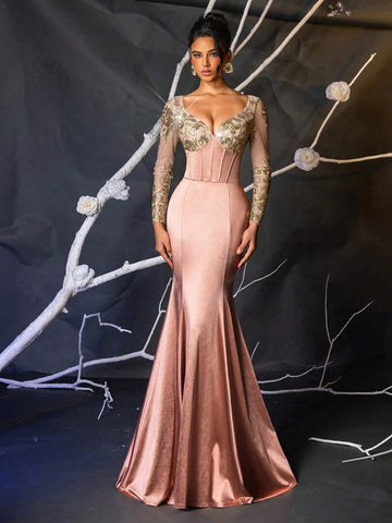 Elegant And Gorgeous Luxury Pink And Champagne Gold V-Neck Transparent Long-Sleeved Embroidered Sequin Lace Stitching Stretch Satin Tight Fishtail Skirt Suitable For Wedding Events Bachelor Party Holiday Prom Dinner Evening Dress (Heavy Work)