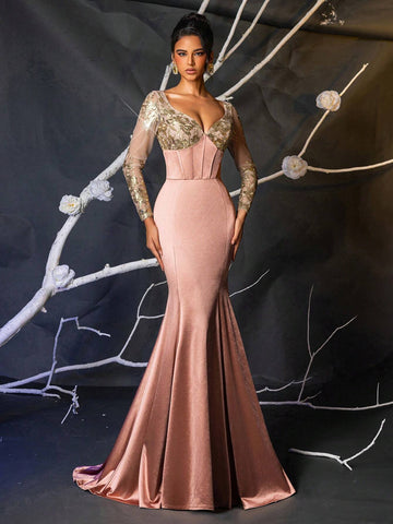 Elegant And Gorgeous Luxury Pink And Champagne Gold V-Neck Transparent Long-Sleeved Embroidered Sequin Lace Stitching Stretch Satin Tight Fishtail Skirt Suitable For Wedding Events Bachelor Party Holiday Prom Dinner Evening Dress (Heavy Work)