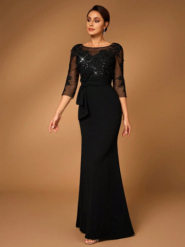 Elegant And Gorgeous Luxury Transparent Long Sleeves Sequin Embroidered Lace Patchwork Elastic Knit Ruffle Bow Design Fishtail Suitable For Weddings, Bachelorette Parties, Vacations, Proms, Mothers Of The Bride Evening Dress