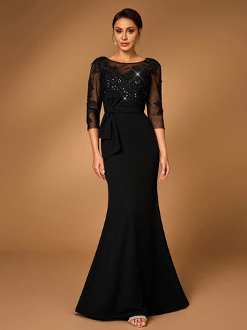 Elegant And Gorgeous Luxury Transparent Long Sleeves Sequin Embroidered Lace Patchwork Elastic Knit Ruffle Bow Design Fishtail Suitable For Weddings, Bachelorette Parties, Vacations, Proms, Mothers Of The Bride Evening Dress