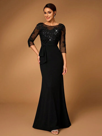 Elegant And Gorgeous Luxury Transparent Long Sleeves Sequin Embroidered Lace Patchwork Elastic Knit Ruffle Bow Design Fishtail Suitable For Weddings, Bachelorette Parties, Vacations, Proms, Mothers Of The Bride Evening Dress
