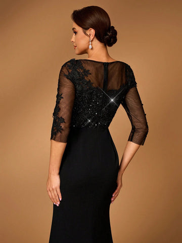 Elegant And Gorgeous Luxury Transparent Long Sleeves Sequin Embroidered Lace Patchwork Elastic Knit Ruffle Bow Design Fishtail Suitable For Weddings, Bachelorette Parties, Vacations, Proms, Mothers Of The Bride Evening Dress