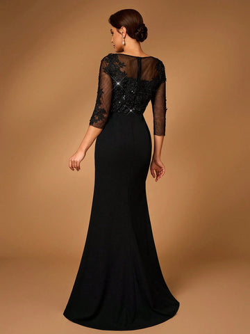 Elegant And Gorgeous Luxury Transparent Long Sleeves Sequin Embroidered Lace Patchwork Elastic Knit Ruffle Bow Design Fishtail Suitable For Weddings, Bachelorette Parties, Vacations, Proms, Mothers Of The Bride Evening Dress