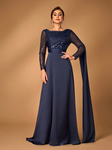 Elegant And Gorgeous Navy Blue Luxury Fine Glitter Beads Sequins Spliced Satin Events Dinner Party Formal Mother Dress Evening Dress