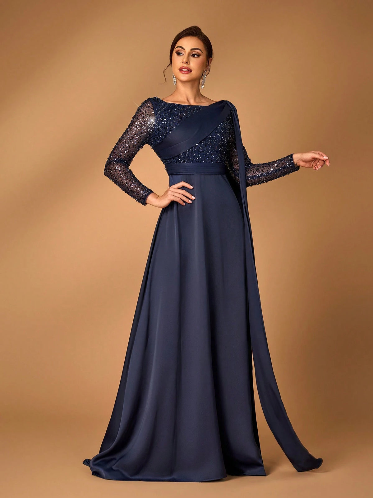Elegant And Gorgeous Navy Blue Luxury Fine Glitter Beads Sequins Spliced Satin Events Dinner Party Formal Mother Dress Evening Dress