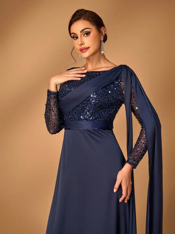 Elegant And Gorgeous Navy Blue Luxury Fine Glitter Beads Sequins Spliced Satin Events Dinner Party Formal Mother Dress Evening Dress