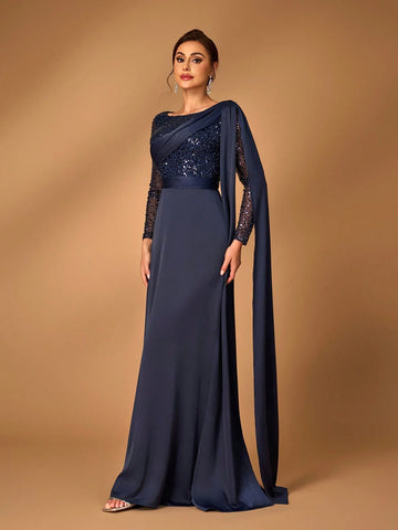 Elegant And Gorgeous Navy Blue Luxury Fine Glitter Beads Sequins Spliced Satin Events Dinner Party Formal Mother Dress Evening Dress