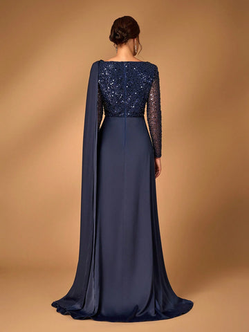 Elegant And Gorgeous Navy Blue Luxury Fine Glitter Beads Sequins Spliced Satin Events Dinner Party Formal Mother Dress Evening Dress