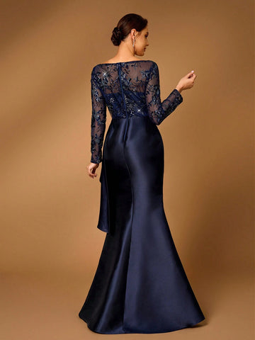 Elegant And Gorgeous Navy Blue Satin Stitching Luxury Sequin Embroidery V-Neck See-Through Long-Sleeved Fishtail Stitching Asymmetric Pieces Suitable For Mom To Attend Wedding Party Party Prom Bride Mother Dress Evening Dress
