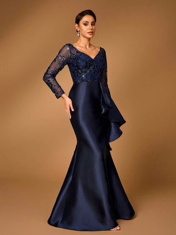 Elegant And Gorgeous Navy Blue Satin Stitching Luxury Sequin Embroidery V-Neck See-Through Long-Sleeved Fishtail Stitching Asymmetric Pieces Suitable For Mom To Attend Wedding Party Party Prom Bride Mother Dress Evening Dress