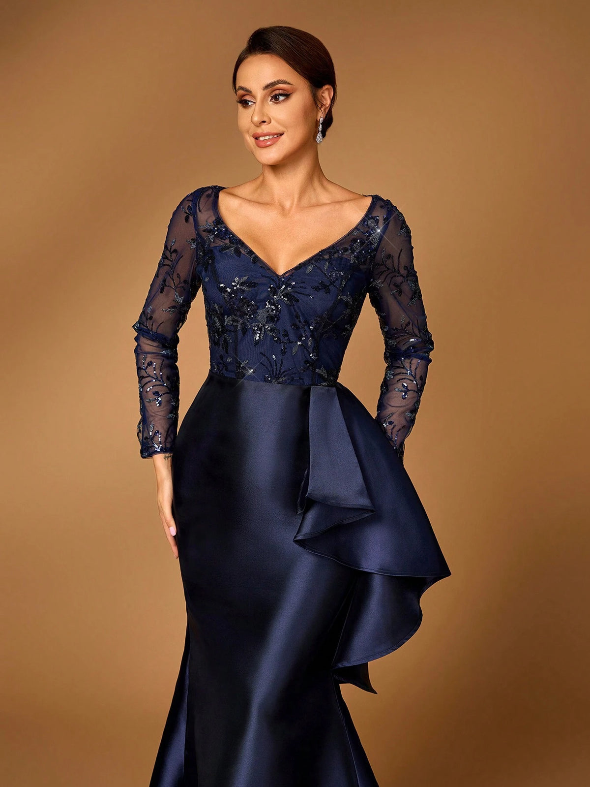 Elegant And Gorgeous Navy Blue Satin Stitching Luxury Sequin Embroidery V-Neck See-Through Long-Sleeved Fishtail Stitching Asymmetric Pieces Suitable For Mom To Attend Wedding Party Party Prom Bride Mother Dress Evening Dress