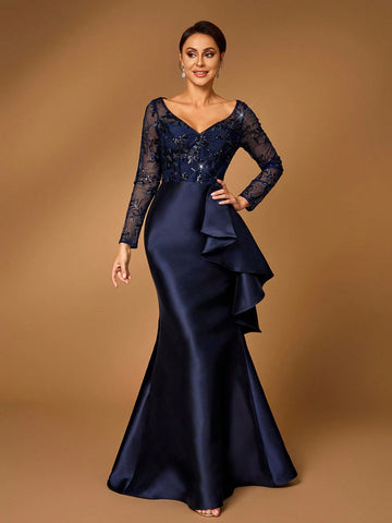 Elegant And Gorgeous Navy Blue Satin Stitching Luxury Sequin Embroidery V-Neck See-Through Long-Sleeved Fishtail Stitching Asymmetric Pieces Suitable For Mom To Attend Wedding Party Party Prom Bride Mother Dress Evening Dress