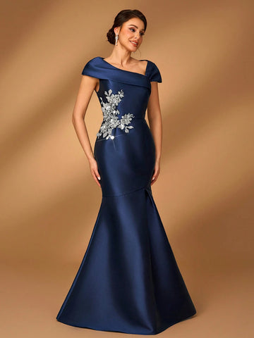 Elegant And Gorgeous One Shoulder Satin Mermaid With Floral Embroidered Lace Decorative Appliqué For Wedding, Engagement, Bachelorette Party, Prom, Mother Of The Bride Dinner Evening Dress