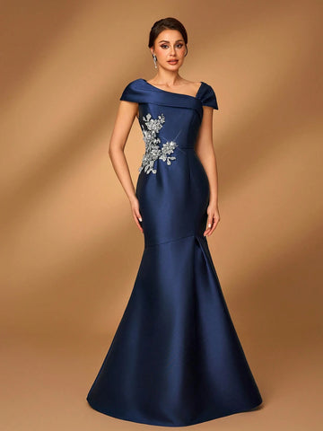 Elegant And Gorgeous One Shoulder Satin Mermaid With Floral Embroidered Lace Decorative Appliqué For Wedding, Engagement, Bachelorette Party, Prom, Mother Of The Bride Dinner Evening Dress