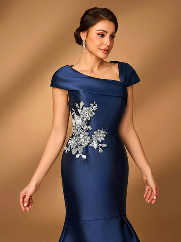 Elegant And Gorgeous One Shoulder Satin Mermaid With Floral Embroidered Lace Decorative Appliqué For Wedding, Engagement, Bachelorette Party, Prom, Mother Of The Bride Dinner Evening Dress
