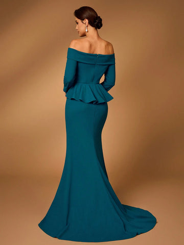 Elegant And Gorgeous Peacock Blue Knitted Stretch Fabric, One-Shoulder Mid-Sleeves, Dances, Weddings, Mother-Of-The-Bride Dresses, Evening Dresses.