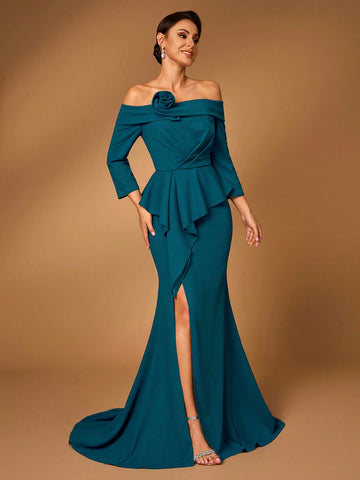 Elegant And Gorgeous Peacock Blue Knitted Stretch Fabric, One-Shoulder Mid-Sleeves, Dances, Weddings, Mother-Of-The-Bride Dresses, Evening Dresses.