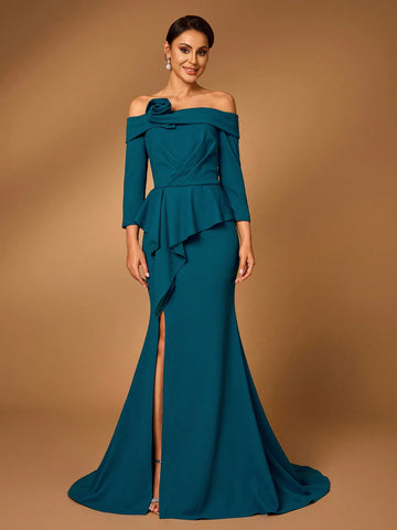 Elegant And Gorgeous Peacock Blue Knitted Stretch Fabric, One-Shoulder Mid-Sleeves, Dances, Weddings, Mother-Of-The-Bride Dresses, Evening Dresses.