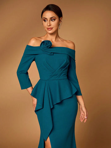 Elegant And Gorgeous Peacock Blue Knitted Stretch Fabric, One-Shoulder Mid-Sleeves, Dances, Weddings, Mother-Of-The-Bride Dresses, Evening Dresses.