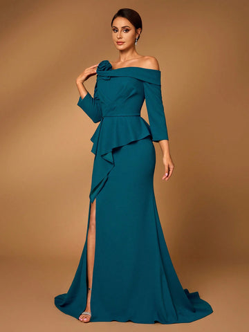 Elegant And Gorgeous Peacock Blue Knitted Stretch Fabric, One-Shoulder Mid-Sleeves, Dances, Weddings, Mother-Of-The-Bride Dresses, Evening Dresses.