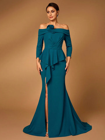 Elegant And Gorgeous Peacock Blue Knitted Stretch Fabric, One-Shoulder Mid-Sleeves, Dances, Weddings, Mother-Of-The-Bride Dresses, Evening Dresses.