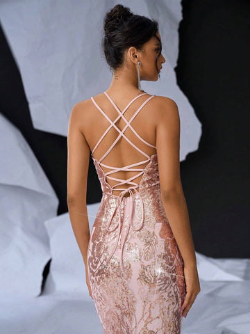 Elegant And Gorgeous Pink Shoulder Straps, Sexy Backless Straps, Sequined Flower-Shaped Rhinestone-Embellished Bra, Floor-Length Dress, Suitable For Prom Or Graduation Ceremony, Bachelor Party, Formal Occasion Evening Dress (Heavy Industry Version)