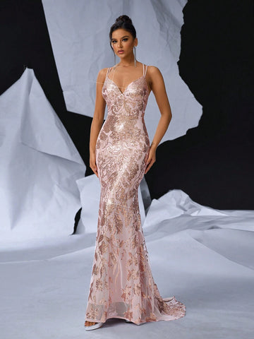 Elegant And Gorgeous Pink Shoulder Straps, Sexy Backless Straps, Sequined Flower-Shaped Rhinestone-Embellished Bra, Floor-Length Dress, Suitable For Prom Or Graduation Ceremony, Bachelor Party, Formal Occasion Evening Dress (Heavy Industry Version)