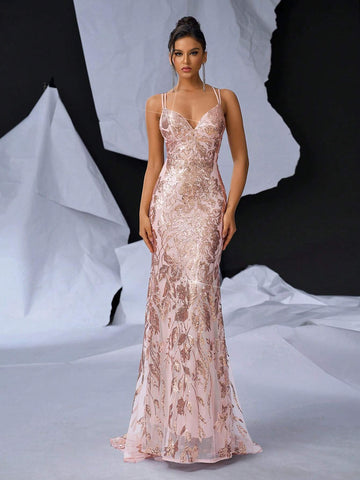 Elegant And Gorgeous Pink Shoulder Straps, Sexy Backless Straps, Sequined Flower-Shaped Rhinestone-Embellished Bra, Floor-Length Dress, Suitable For Prom Or Graduation Ceremony, Bachelor Party, Formal Occasion Evening Dress (Heavy Industry Version)