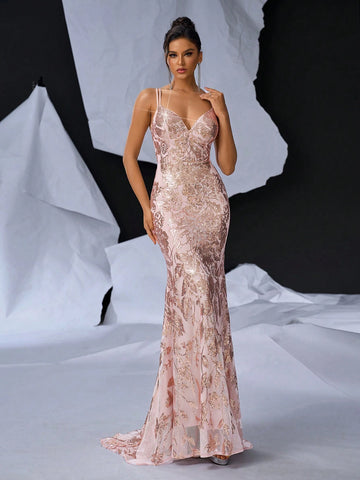 Elegant And Gorgeous Pink Shoulder Straps, Sexy Backless Straps, Sequined Flower-Shaped Rhinestone-Embellished Bra, Floor-Length Dress, Suitable For Prom Or Graduation Ceremony, Bachelor Party, Formal Occasion Evening Dress (Heavy Industry Version)