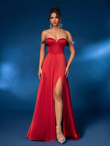 Elegant And Gorgeous Red Off-Shoulder Butterfly Bustier, With Fishbone Press Line Sleeves And Shiny Patchwork. Satin Fabric With High Slit And Large A-Line Hem. Floor-Length Heavy Formal Evening Dress