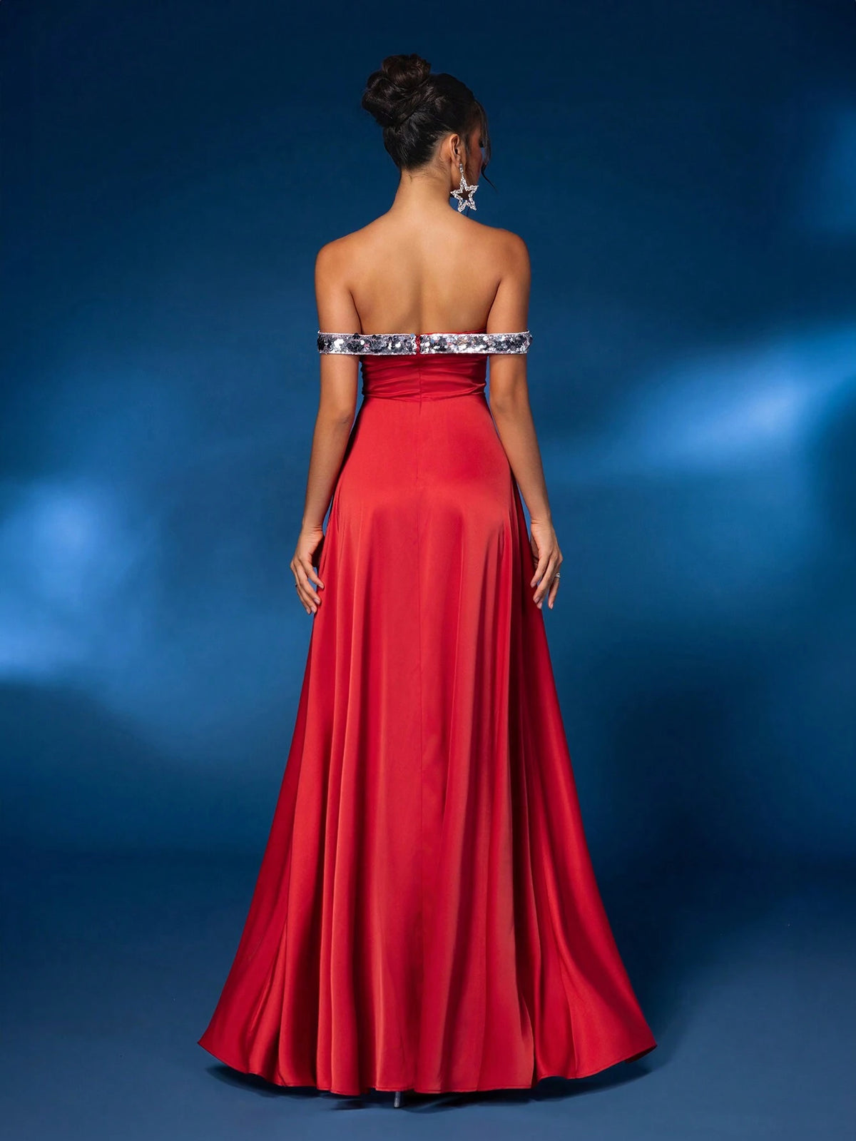 Elegant And Gorgeous Red Off-Shoulder Butterfly Bustier, With Fishbone Press Line Sleeves And Shiny Patchwork. Satin Fabric With High Slit And Large A-Line Hem. Floor-Length Heavy Formal Evening Dress