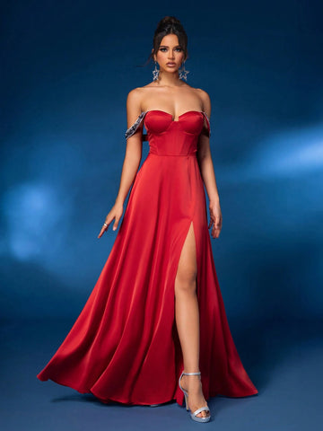 Elegant And Gorgeous Red Off-Shoulder Butterfly Bustier, With Fishbone Press Line Sleeves And Shiny Patchwork. Satin Fabric With High Slit And Large A-Line Hem. Floor-Length Heavy Formal Evening Dress