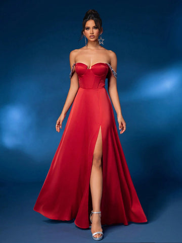 Elegant And Gorgeous Red Off-Shoulder Butterfly Bustier, With Fishbone Press Line Sleeves And Shiny Patchwork. Satin Fabric With High Slit And Large A-Line Hem. Floor-Length Heavy Formal Evening Dress