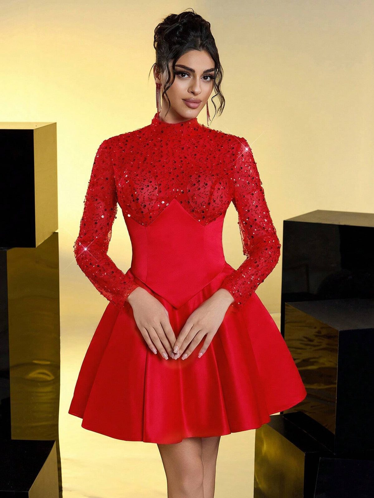Elegant And Gorgeous Red Sequined Satin Stand-Up Collar, Long-Sleeved, See-Through Bodice, A-Line Hem, Waist-Fitting Girdle, Strappy Back Prom Dress