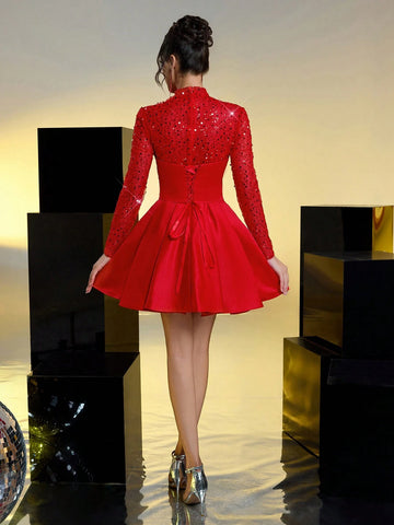 Elegant And Gorgeous Red Sequined Satin Stand-Up Collar, Long-Sleeved, See-Through Bodice, A-Line Hem, Waist-Fitting Girdle, Strappy Back Prom Dress