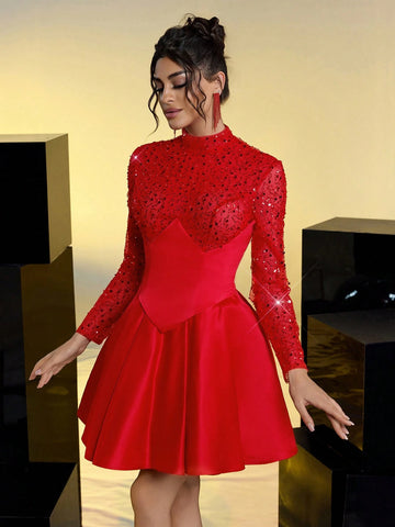 Elegant And Gorgeous Red Sequined Satin Stand-Up Collar, Long-Sleeved, See-Through Bodice, A-Line Hem, Waist-Fitting Girdle, Strappy Back Prom Dress