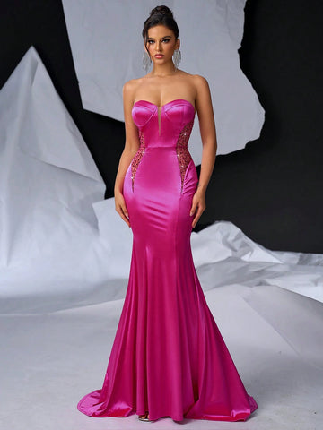 Elegant And Gorgeous Red Strapless Dress With Chest Cups, Fishbone Decoration On The Waist, See-Through Beads And Pearls On The Skirt, Tight Fish Tail End And Train For Formal Evening Party