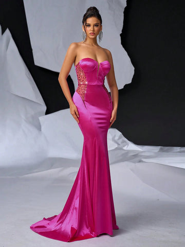 Elegant And Gorgeous Red Strapless Dress With Chest Cups, Fishbone Decoration On The Waist, See-Through Beads And Pearls On The Skirt, Tight Fish Tail End And Train For Formal Evening Party