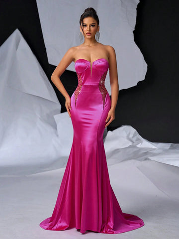 Elegant And Gorgeous Red Strapless Dress With Chest Cups, Fishbone Decoration On The Waist, See-Through Beads And Pearls On The Skirt, Tight Fish Tail End And Train For Formal Evening Party