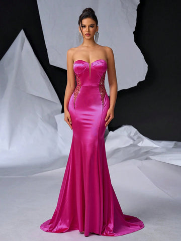 Elegant And Gorgeous Red Strapless Dress With Chest Cups, Fishbone Decoration On The Waist, See-Through Beads And Pearls On The Skirt, Tight Fish Tail End And Train For Formal Evening Party