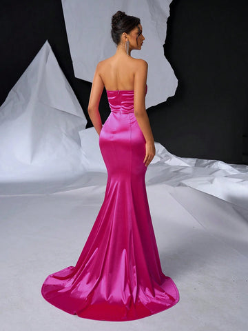 Elegant And Gorgeous Red Strapless Dress With Chest Cups, Fishbone Decoration On The Waist, See-Through Beads And Pearls On The Skirt, Tight Fish Tail End And Train For Formal Evening Party