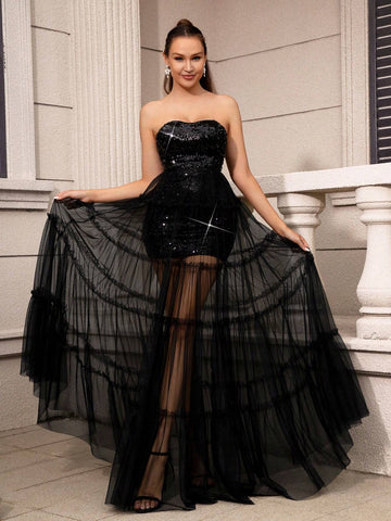 Elegant And Gorgeous Romantic Black Strapless Sequin Fabric Patchwork Mesh Dress Heavy Industry Evening Dress