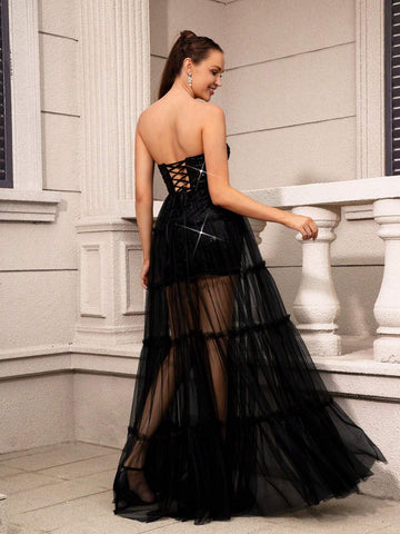 Elegant And Gorgeous Romantic Black Strapless Sequin Fabric Patchwork Mesh Dress Heavy Industry Evening Dress